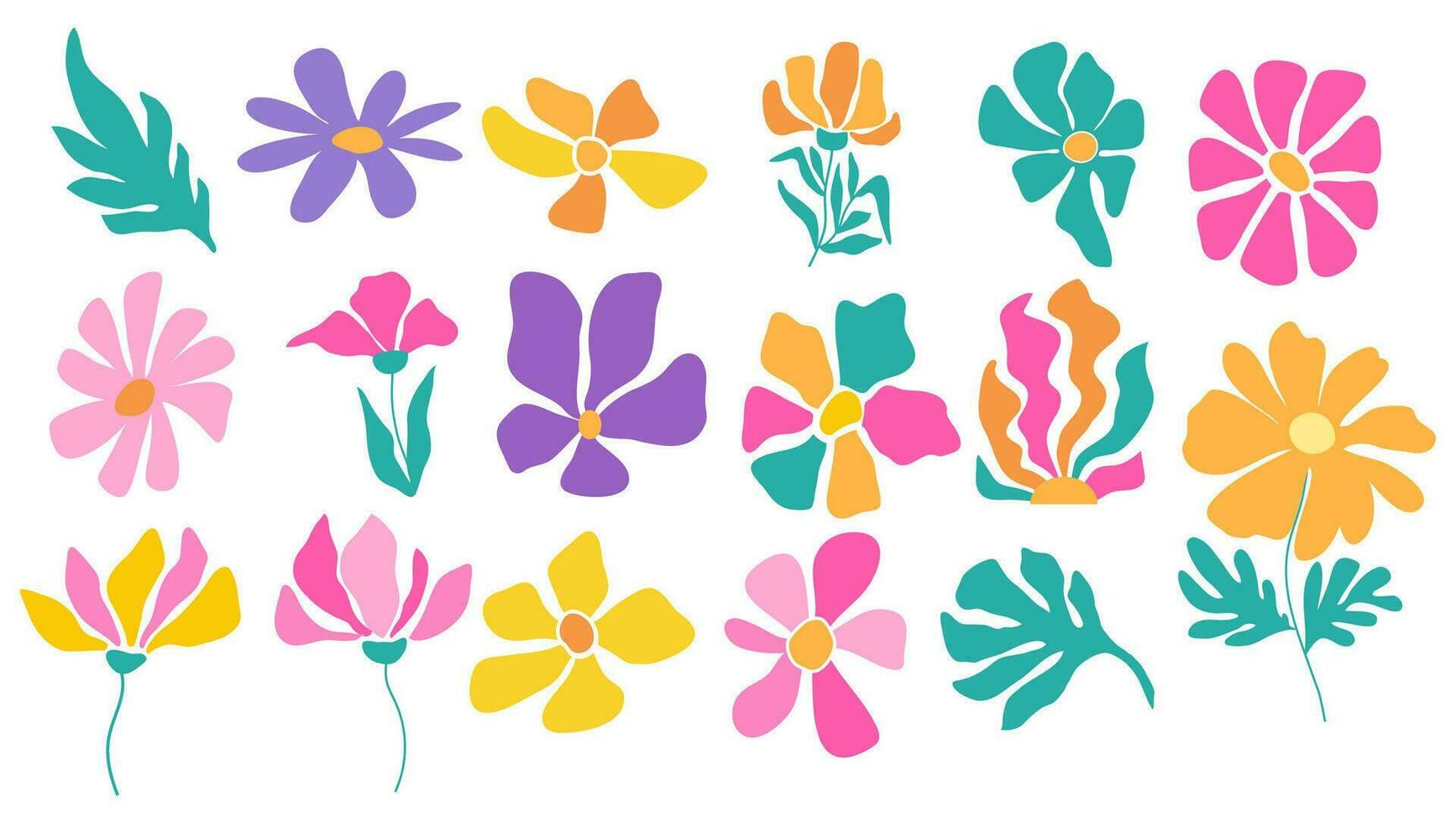 enkel färgrik häftig blommor ClipArt. abstrakt modern blommig illustration i trendig ljus Färg palett. vektor konst.