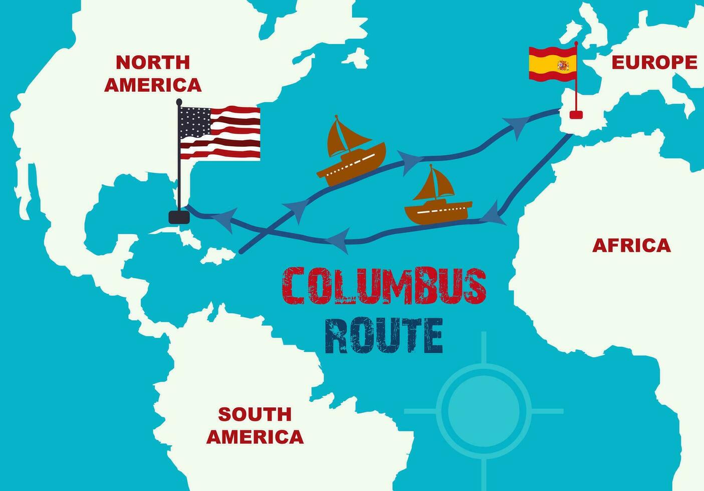 Kolumbus Routen Karte von Europa zu Amerika. Welt Karte mit Kolumbus Route Segeln Schiff. Kolumbus Tag Infografik Entdeckung von Amerika. Spanien zu Amerika Segelboot Reisen von christopher Kolumbus. Flagge. vektor