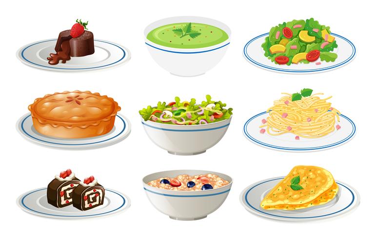 Verschiedene Arten von Lebensmitteln auf weißen Platten vektor