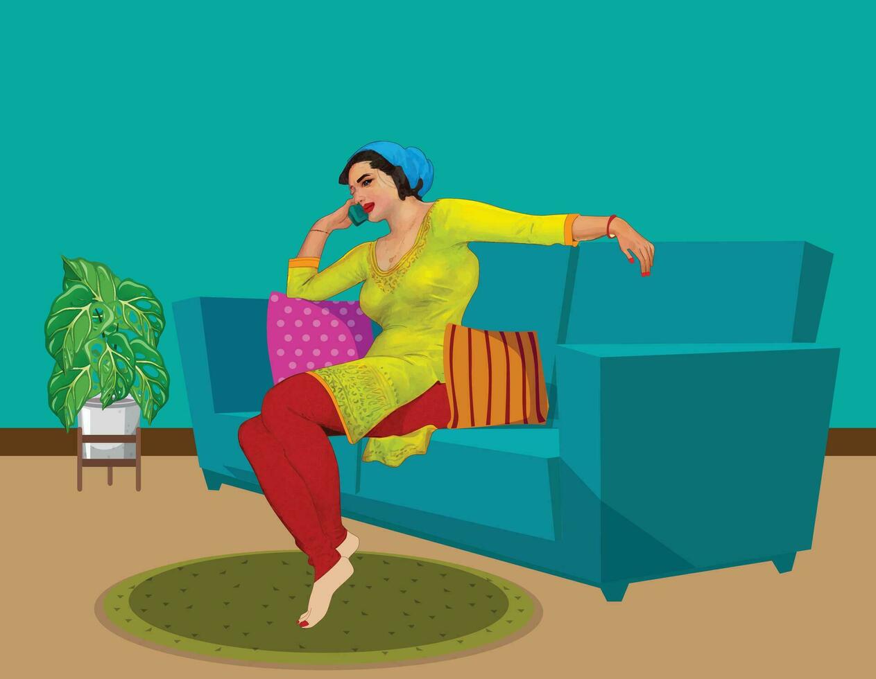pakistansk kvinnor bär shalwar kameez kallelse på en cell telefon Sammanträde på de soffa i de teckning rum vektor