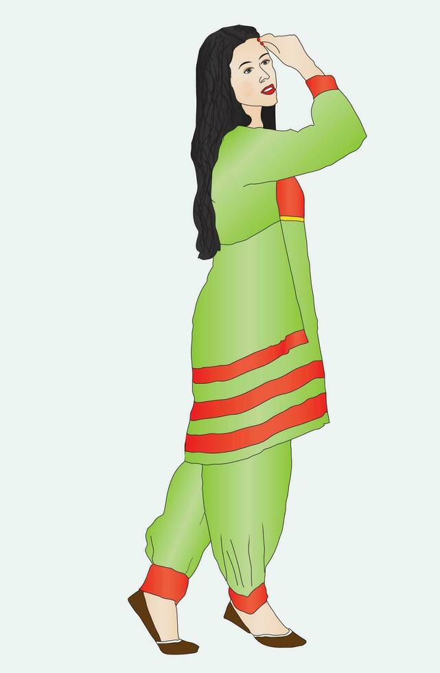 skön flicka bär traditionell pakistansk klänning shalwar kameez vektor