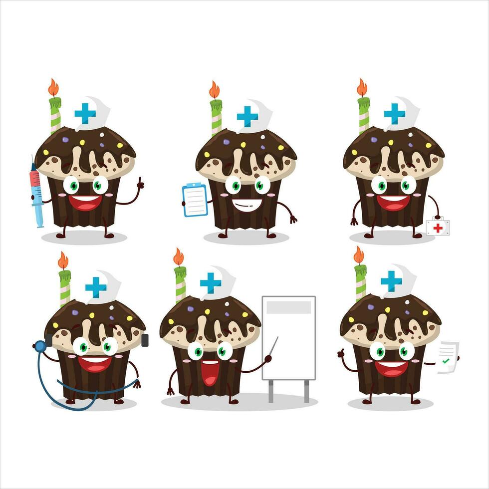 läkare yrke uttryckssymbol med födelsedag muffin tecknad serie karaktär vektor
