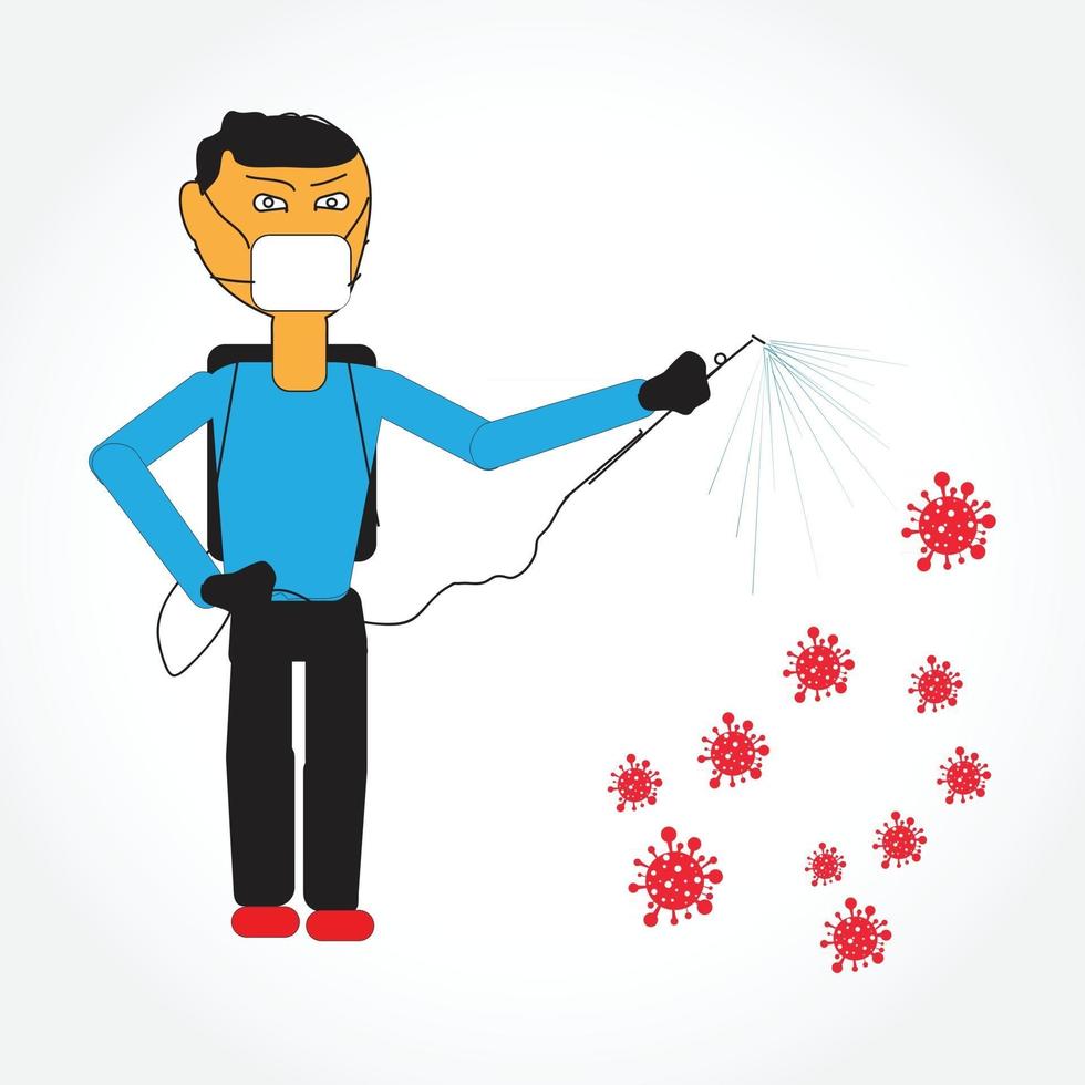 desinfektion man med handskar spray dödar en virusbakterie vektor