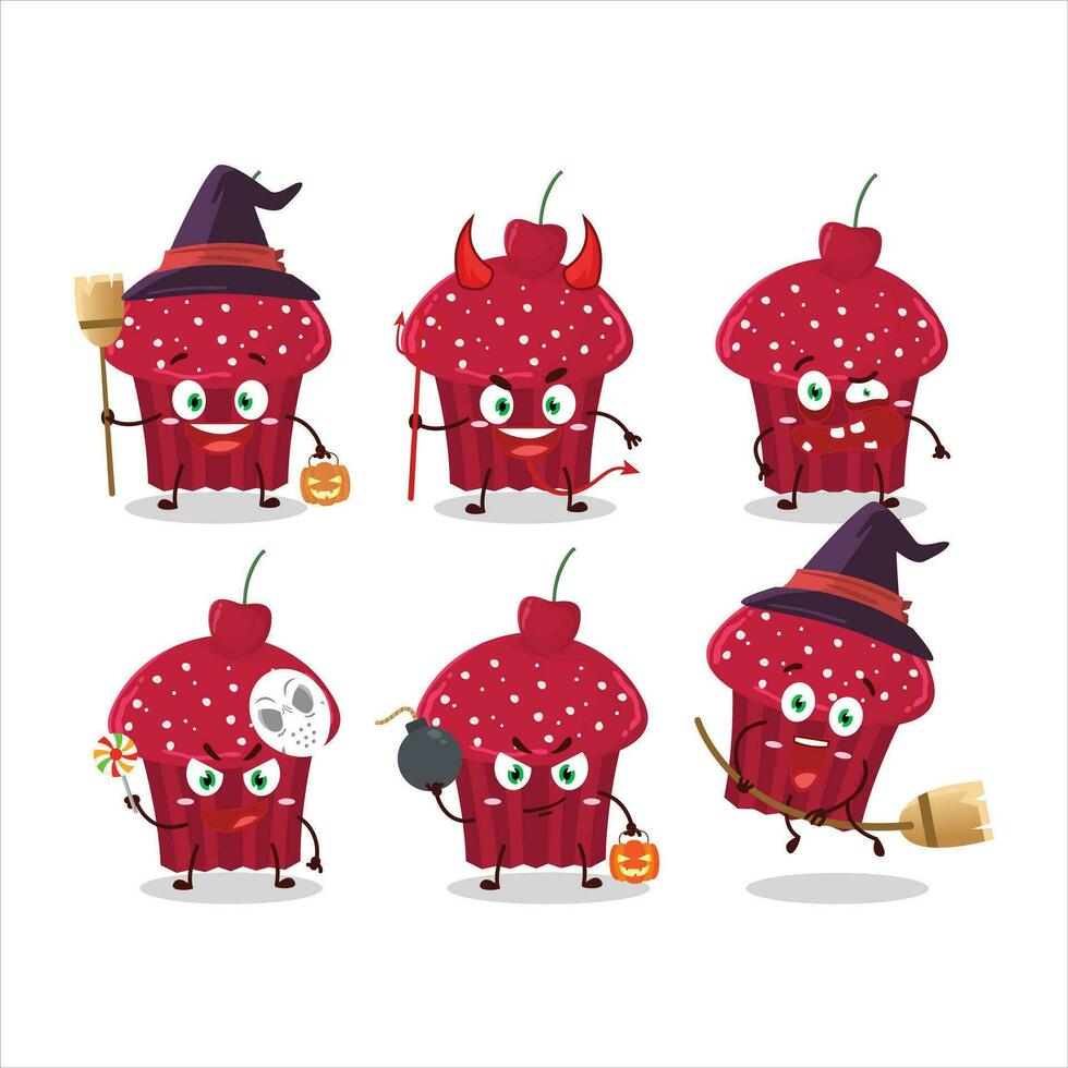 Halloween Ausdruck Emoticons mit Karikatur Charakter von Kirsche Muffin vektor