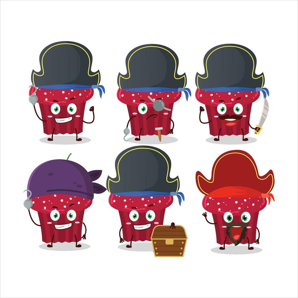 tecknad serie karaktär av körsbär muffin med olika pirater uttryckssymboler vektor