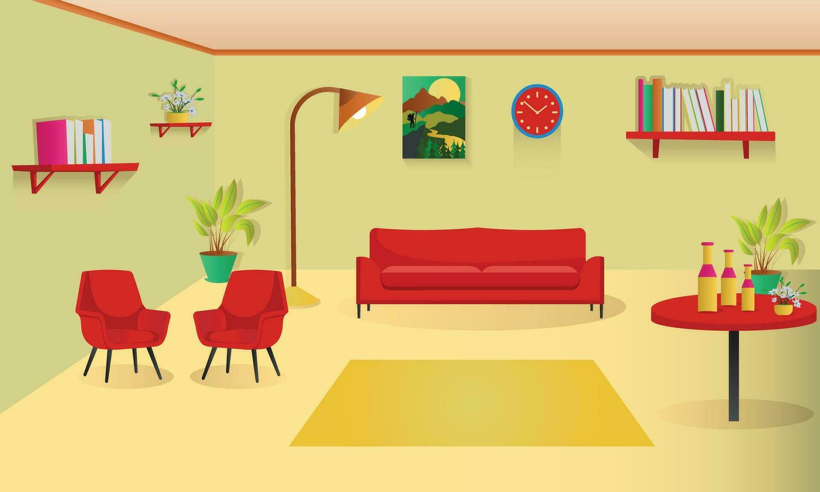 levande rum interiör. bekväm soffa, stol och hus växter. vektor platt illustration.