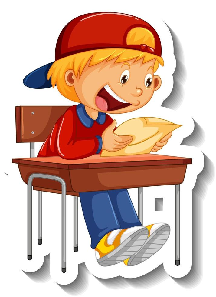 klistermärkesmall med en pojke som läser en boktecknad karaktär isolerad vektor