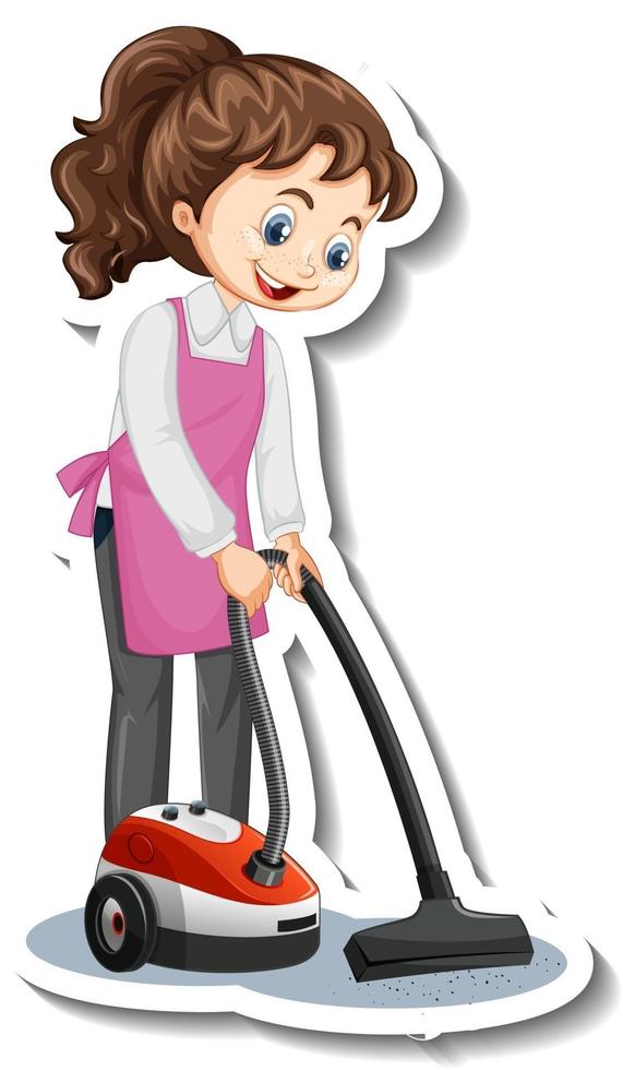 Cartoon-Charakter-Aufkleber mit einem Hausmädchen mit Staubsauger vektor
