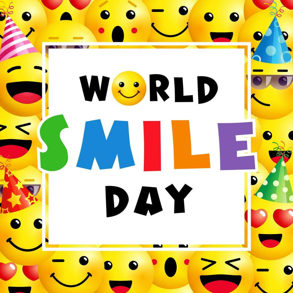 Welt Lächeln Tag Banner. 3d Emoji Symbole kreativ Hintergrund vektor