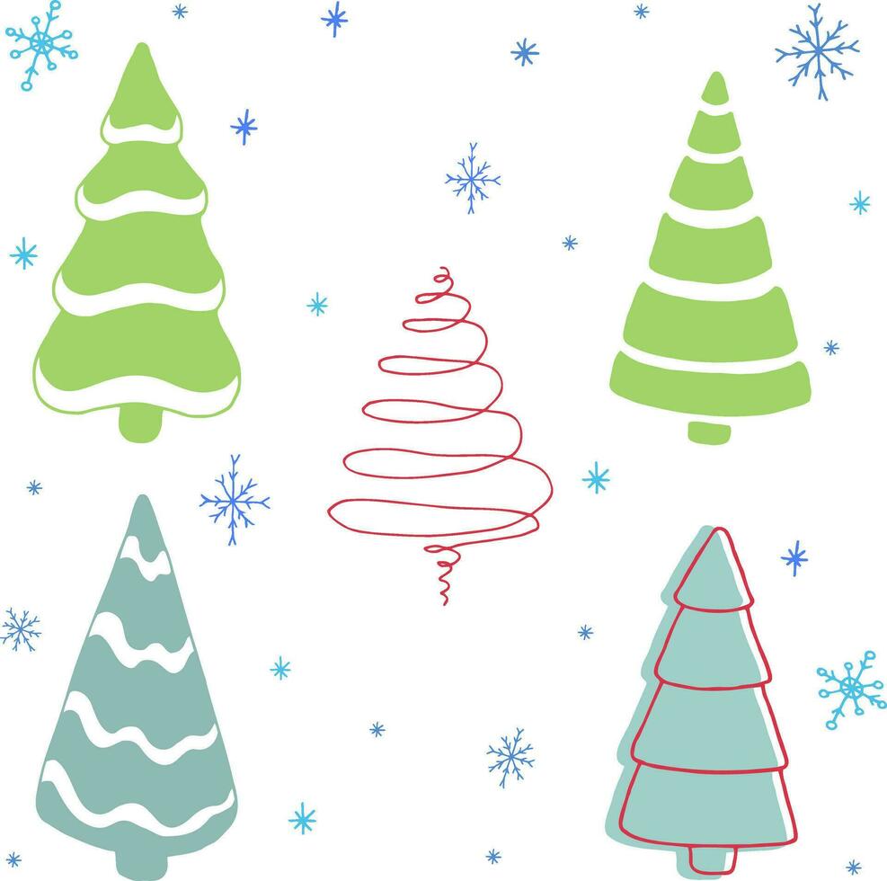 en uppsättning av dekorativ jul träd och snöflingor. vektor