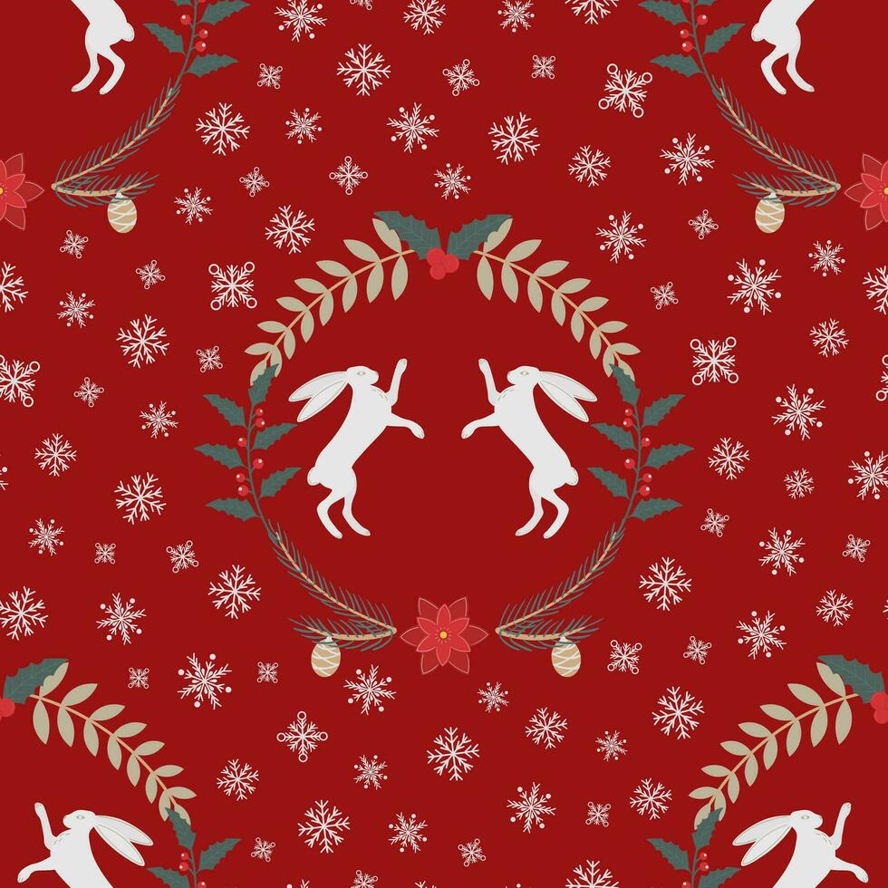 jul mönster med en kanin, järnek, gran grenar, julstjärna, snöflingor och bär på en röd bakgrund. ny år mönster vektor