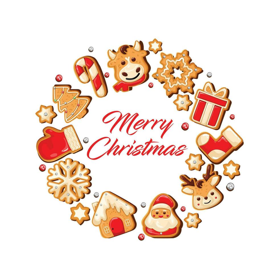 jul pepparkaka småkakor i en runda form, för använda sig av som en affisch eller bakgrund. dekorerad med snö, snöflingor och pärlor. vektor illustration