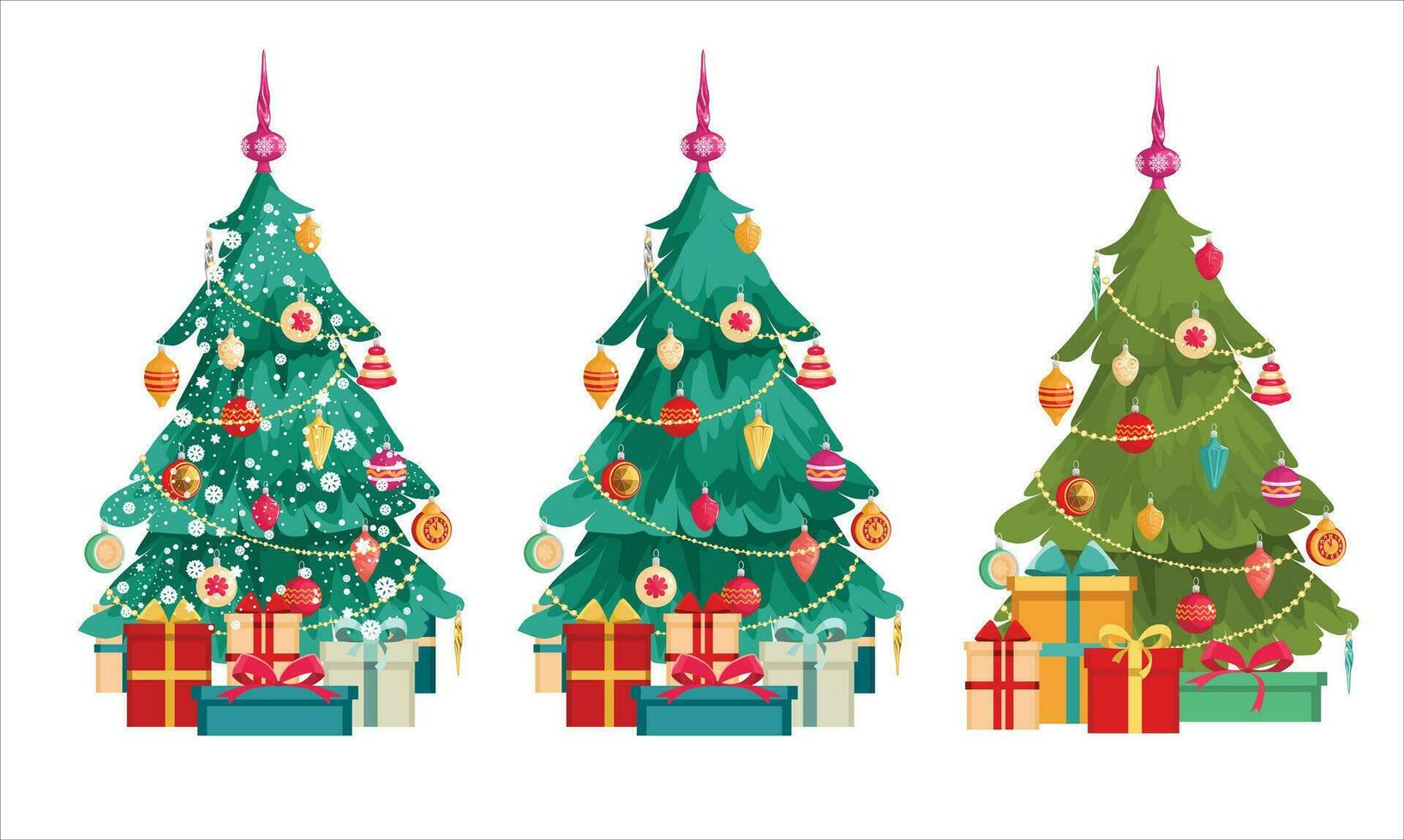 Weihnachten Baum mit Dekorationen und Geschenk Boxen. bedeckt im Schnee. fröhlich Weihnachten und glücklich Neu Jahr. Vektor Illustration