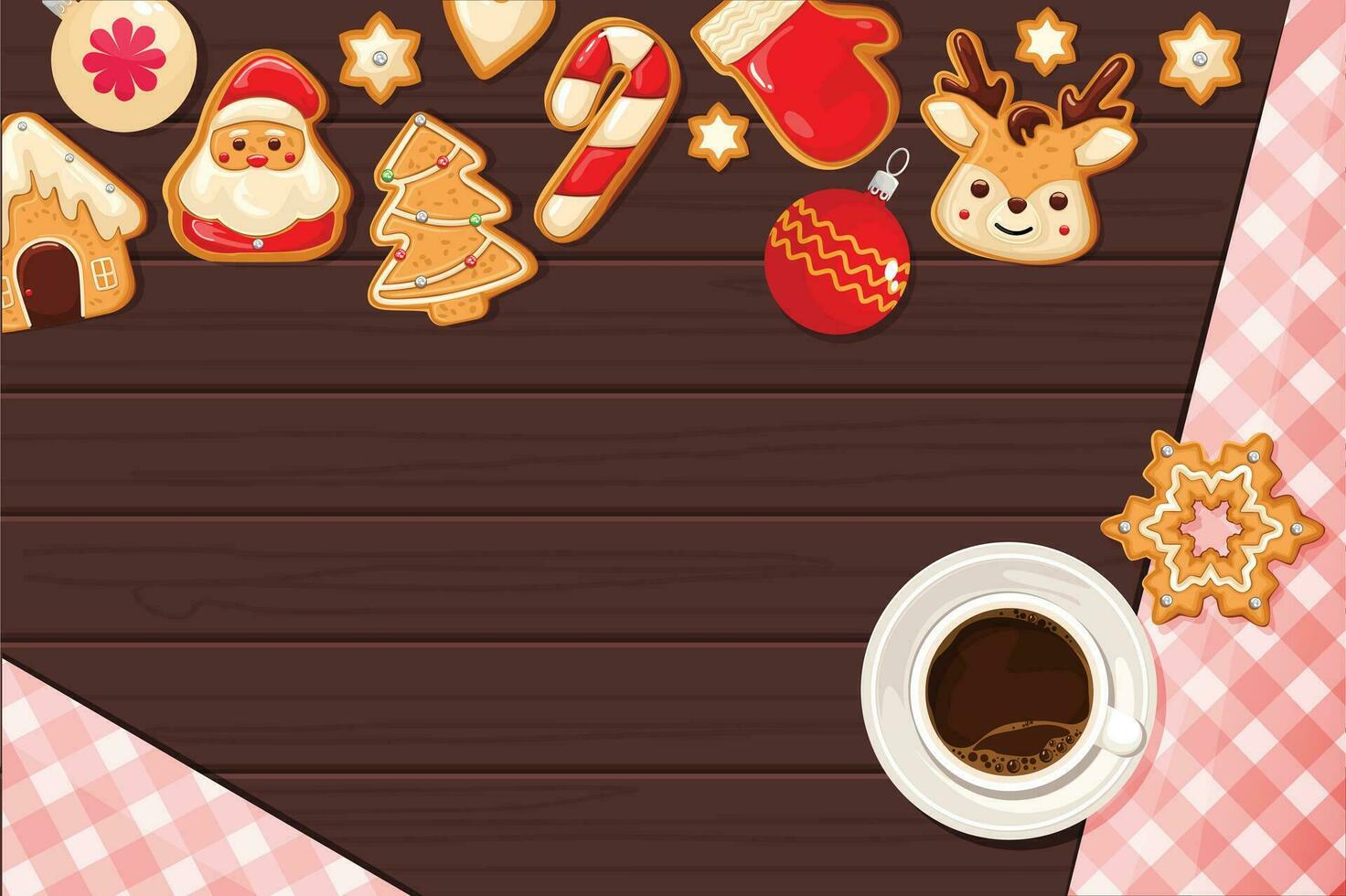 jul småkakor med glasyr och kaffe på en trä- bakgrund vektor