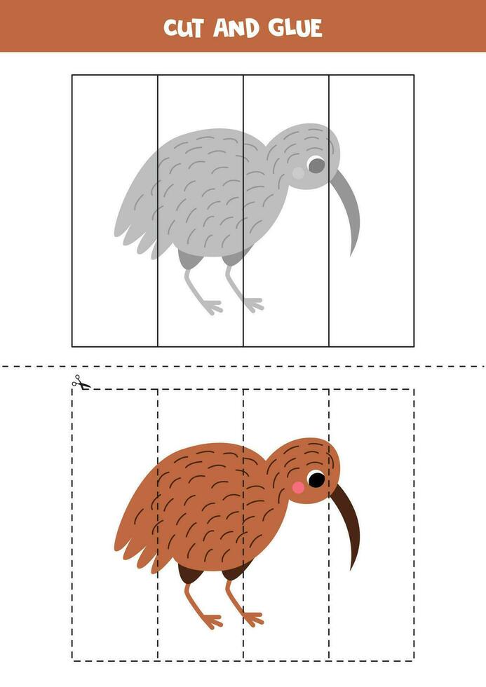 Schnitt und kleben Spiel zum Kinder. süß Karikatur Kiwi Vogel. vektor