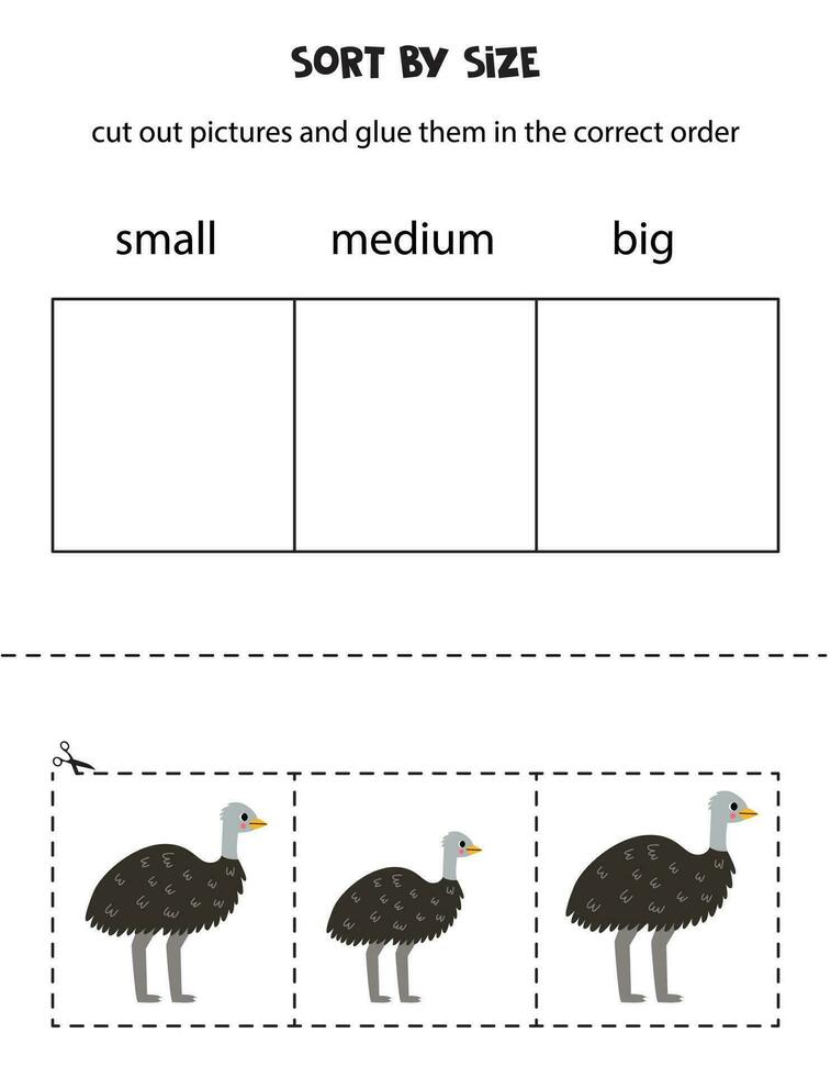 Sortieren süß Emu Strauß durch Größe. lehrreich Arbeitsblatt zum Kinder. vektor