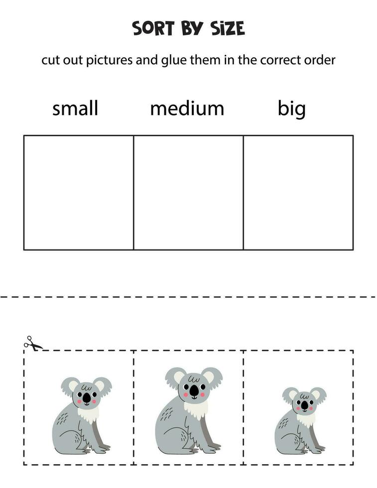 Sortieren süß grau Koala durch Größe. lehrreich Arbeitsblatt zum Kinder. vektor