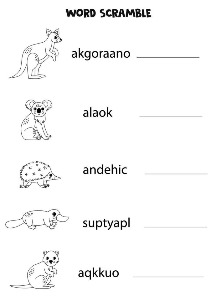 Puzzle zum Kinder. Wort Gerangel zum Kinder. schwarz und Weiß australisch Tiere. vektor