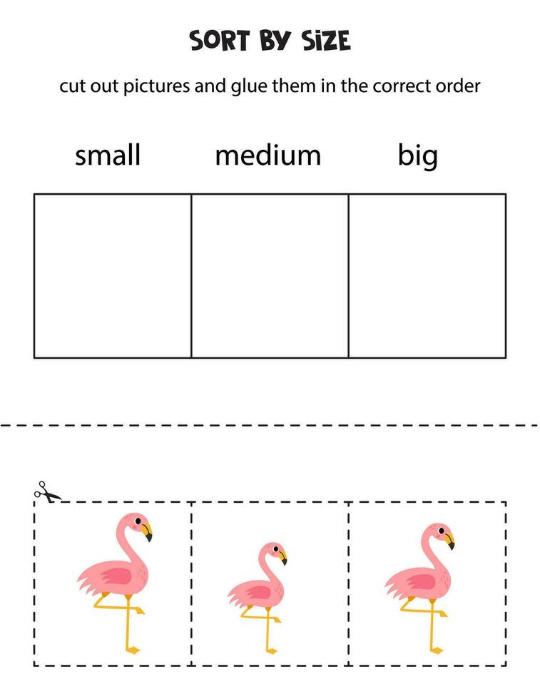 sortera söt rosa flamingo förbi storlek. pedagogisk kalkylblad för ungar. vektor