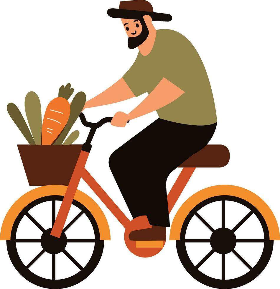 hand dragen manlig jordbrukare ridning en cykel i platt stil vektor