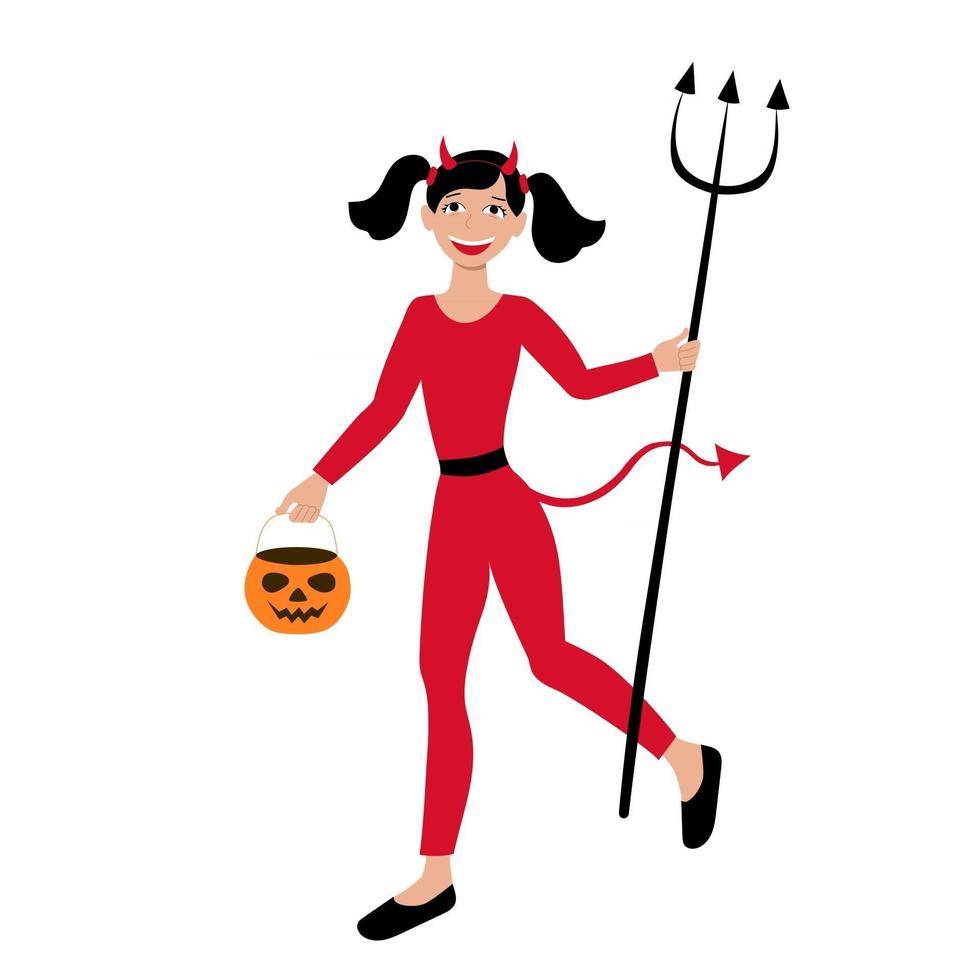 Mädchen verkleidet als Teufel mit Kürbis-Bonbontüte für Halloween-Karneval. vektor