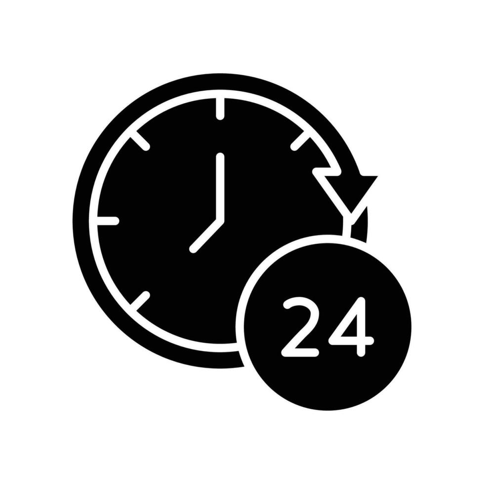 tid 24 timmar ikon. tjugo timme full öppen service drift. fri ringa Allt dag. uppkopplad Stöd. klocka symbol. textavsnitt av tid. fast, silhuett. vektor illustration. design på vit bakgrund. eps10