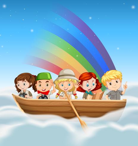 Glückliche Kinder, die in Boot über dem Regenbogen reiten vektor