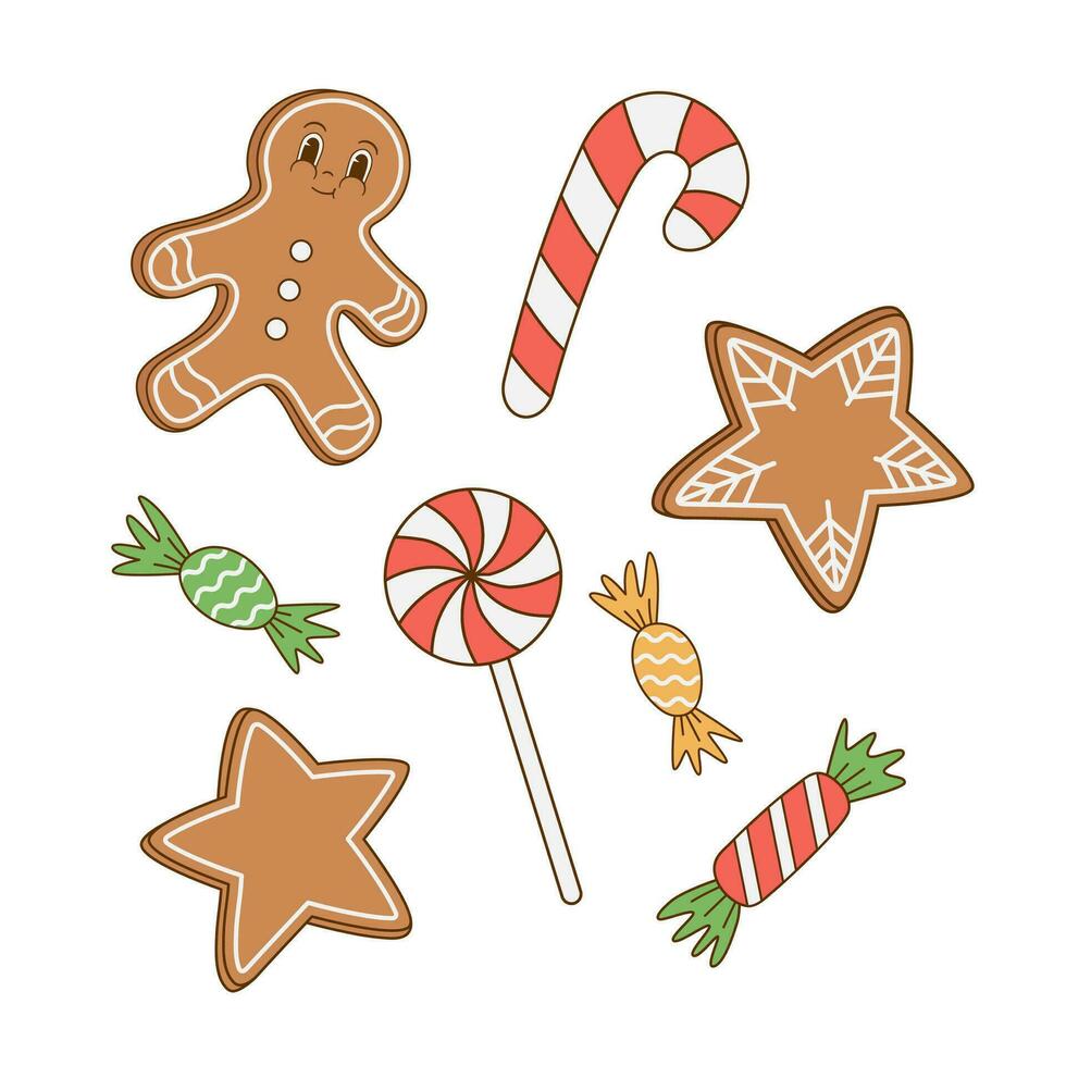 uppsättning av jul sötsaker, pepparkaka, kaka, godis vektor illustration