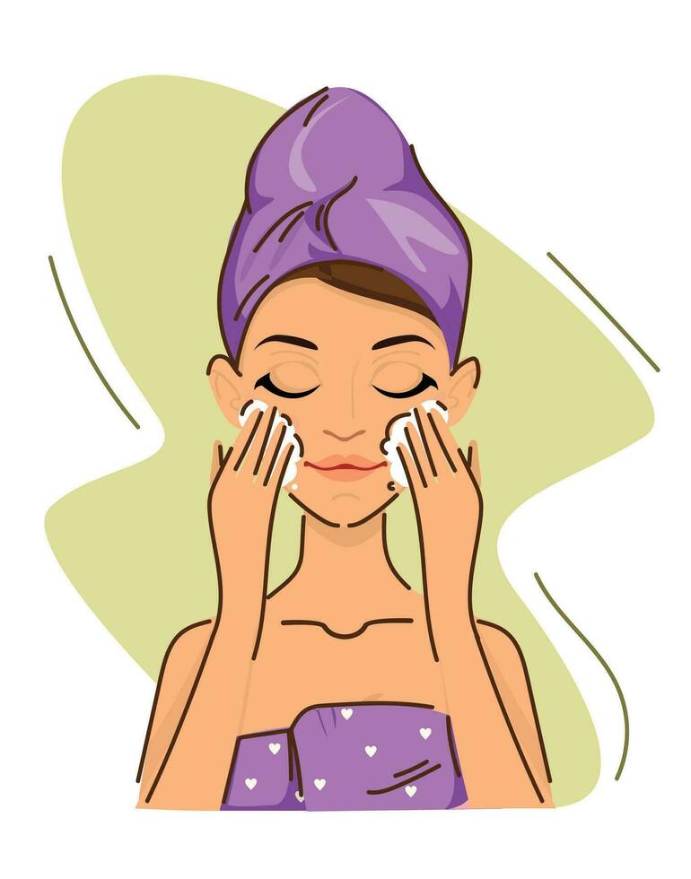 Frau reinigt Gesicht tun Zuhause Schönheit Behandlungen. Gesichts- Pflege. Vektor Zeichnung