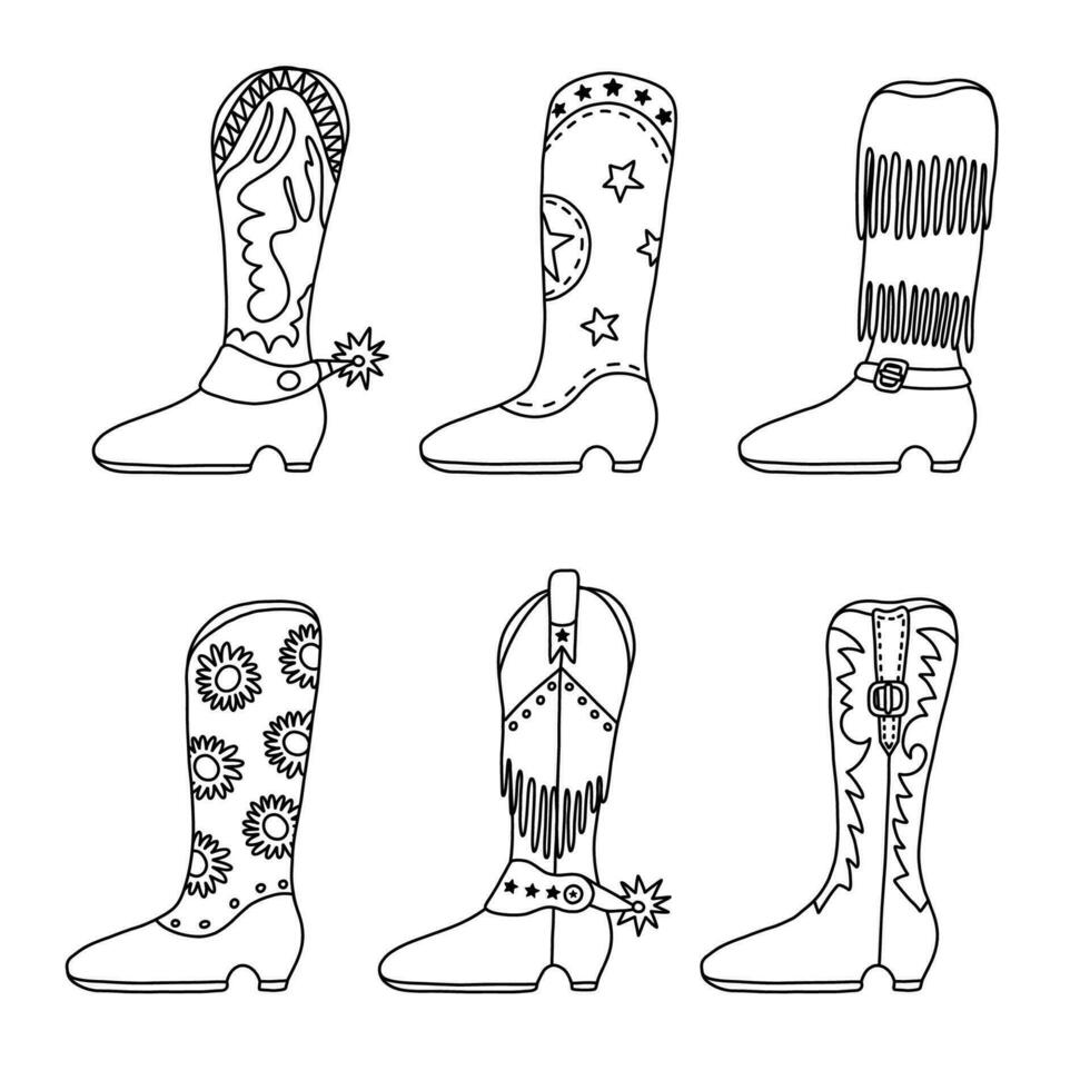 uppsättning av retro cowgirl stövlar med traditionell mönster, frans, sporre. vektor stövlar med hand dragen översikt i cowboy och Västra stil. enkel rolig skor av vild väst med prydnad för skriva ut, design.