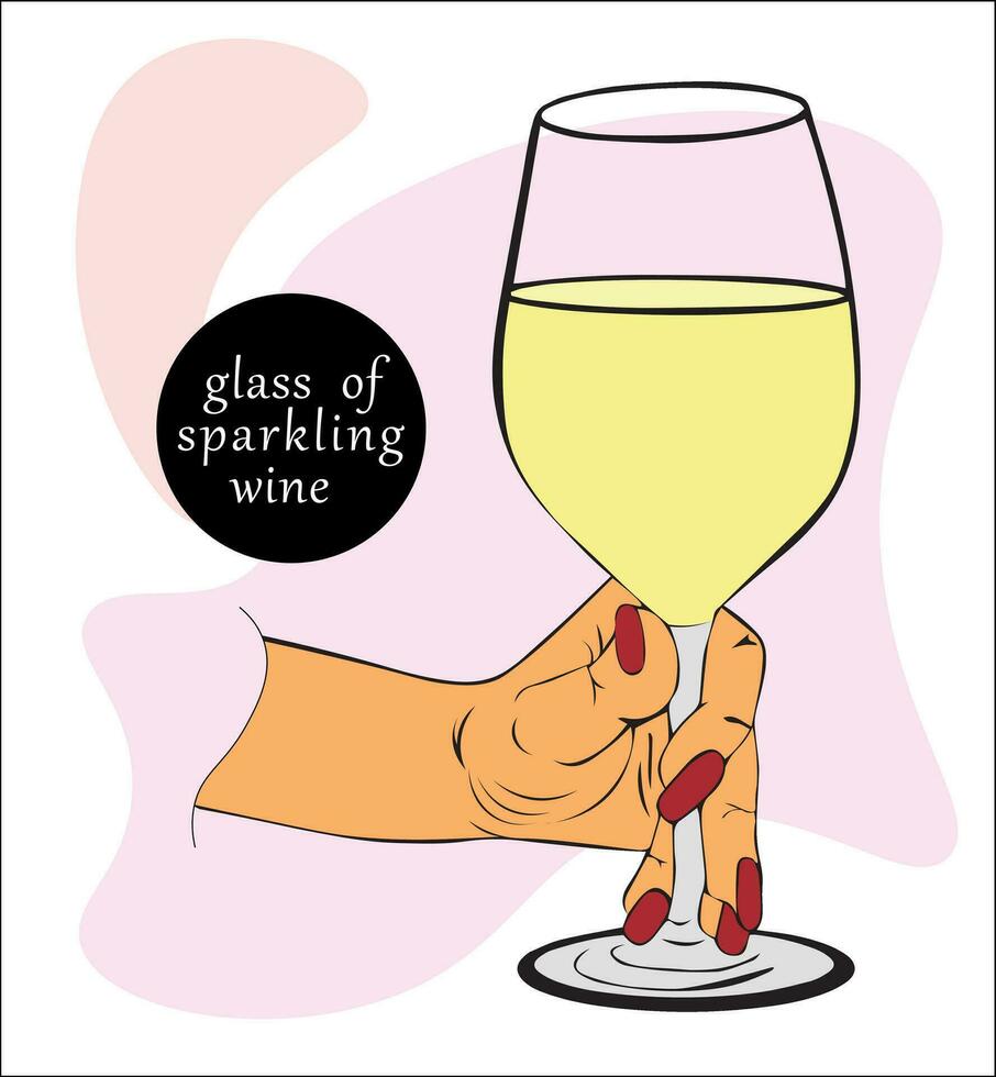 weiblich Hand hält Glas von funkelnd Wein, Champagner. alkoholisch trinken, festlich Cocktail. Frau elegant hält Glas. vektor