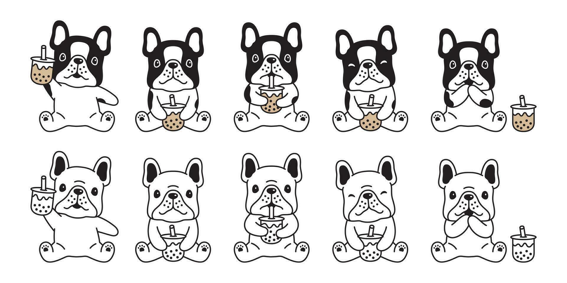 Hund Vektor Französisch Bulldogge Symbol Boba Tee Blase Milch Tee Karikatur Charakter Symbol Gekritzel Illustration Design