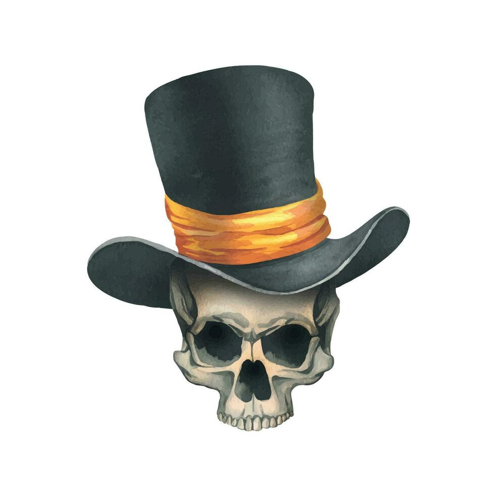 en mänsklig skalle utan en lägre käke i en svart topp hatt med en orange band. hand dragen vattenfärg illustration för dag av de död, halloween, dia de los muertos. isolerat objekt på en vit bakgrund vektor