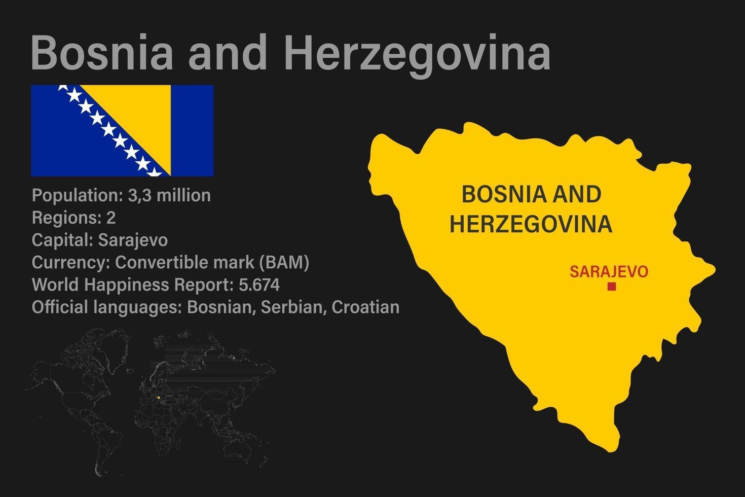 mycket detaljerad karta över Bosnien och Hercegovina med flagga, huvudstad och liten karta över världen vektor