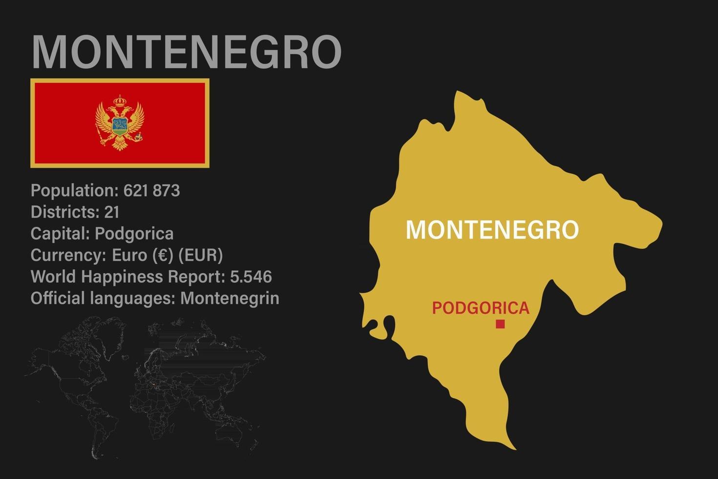 mycket detaljerad montenegro karta med flagga, huvudstad och liten karta över världen vektor