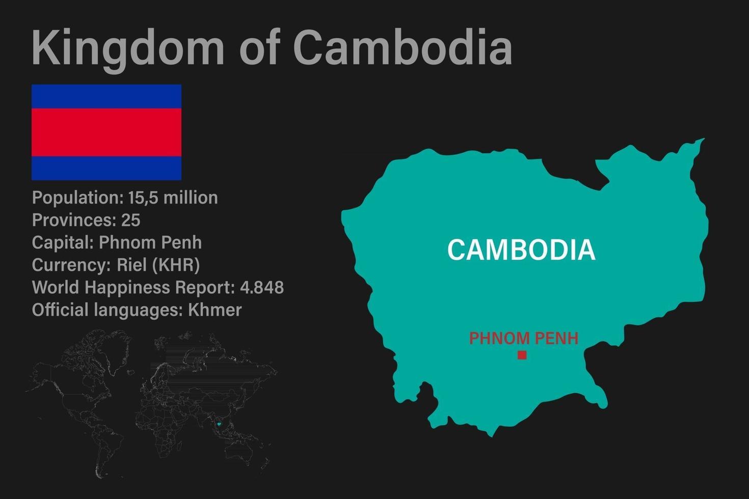 hochdetaillierte Kambodscha Karte mit Flagge, Hauptstadt und kleiner Weltkarte vektor