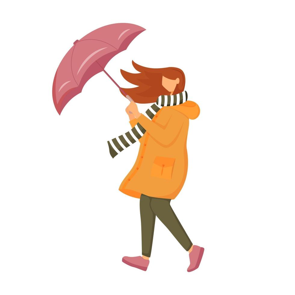 Frau im orangefarbenen Regenmantel flacher Farbvektor gesichtsloser Charakter vektor