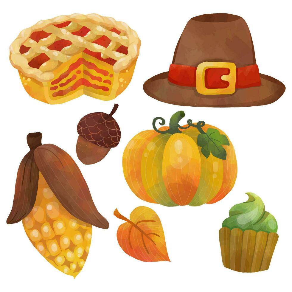 vattenfärg tacksägelse element med paj, pilgrim hatt, majs, ekollon, pumpa, höst blad och muffin illustration vektor