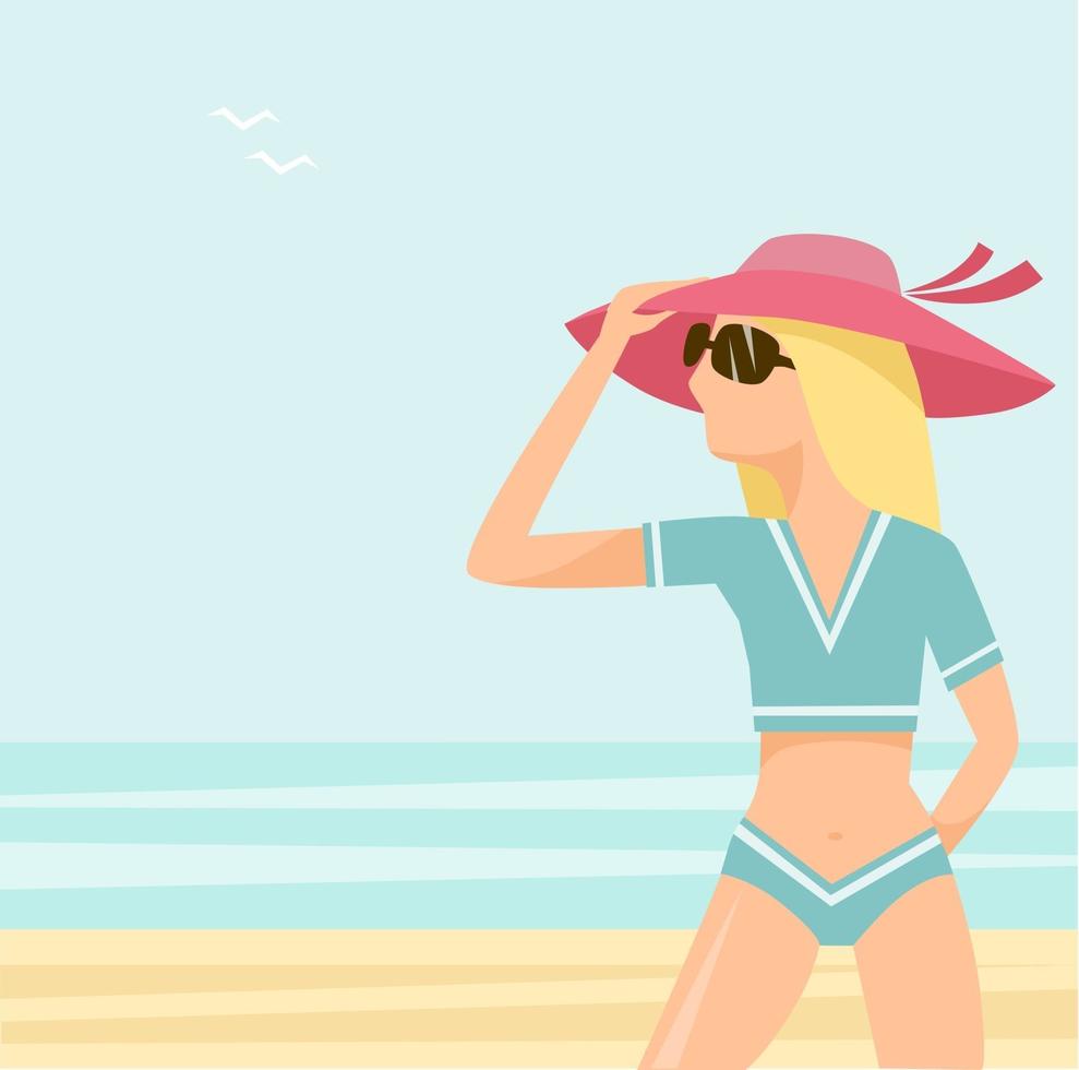 Mädchen mit Hut und Brille an einem sonnigen Strand am Strand vektor