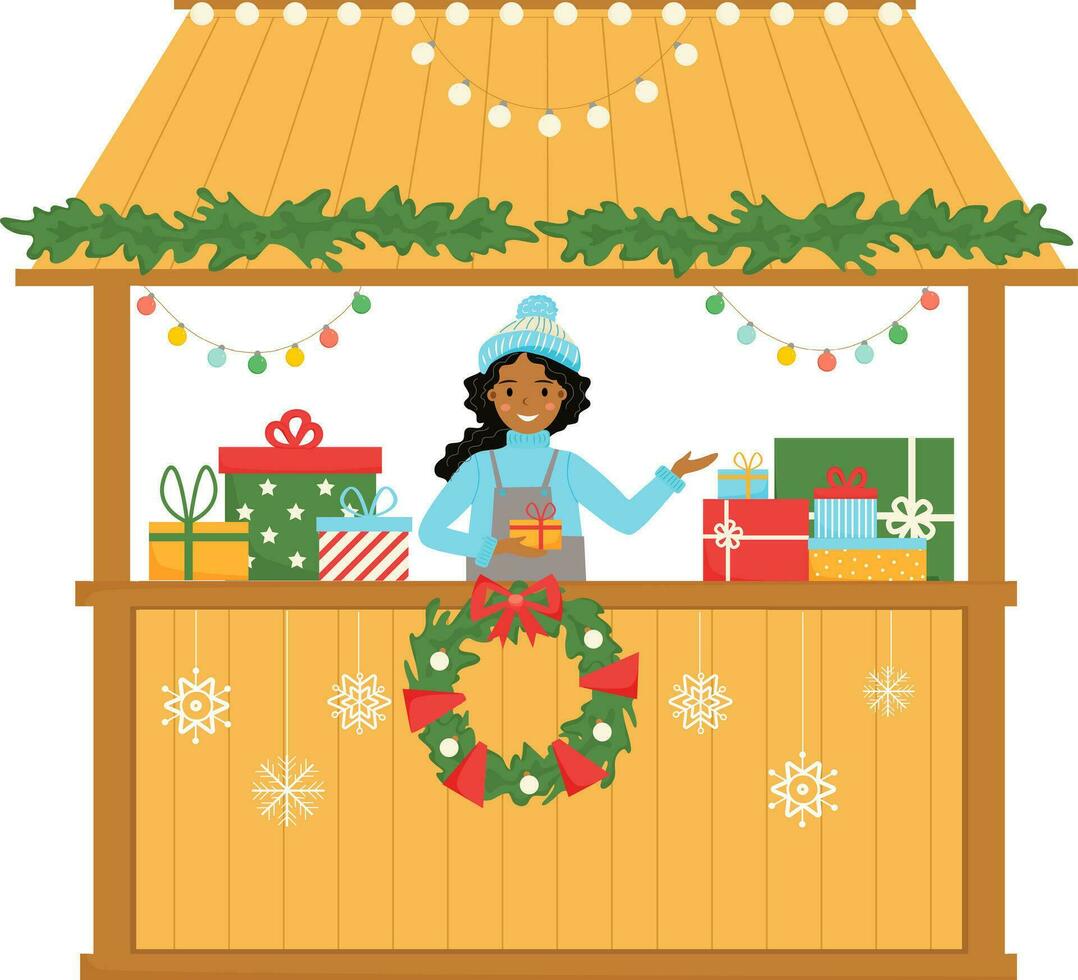 Weihnachten Stall. jung afrikanisch amerikanisch Frau verkauft Geschenke beim das Kiosk. Weihnachten Markt. Festival Stand. Vektor Illustration.