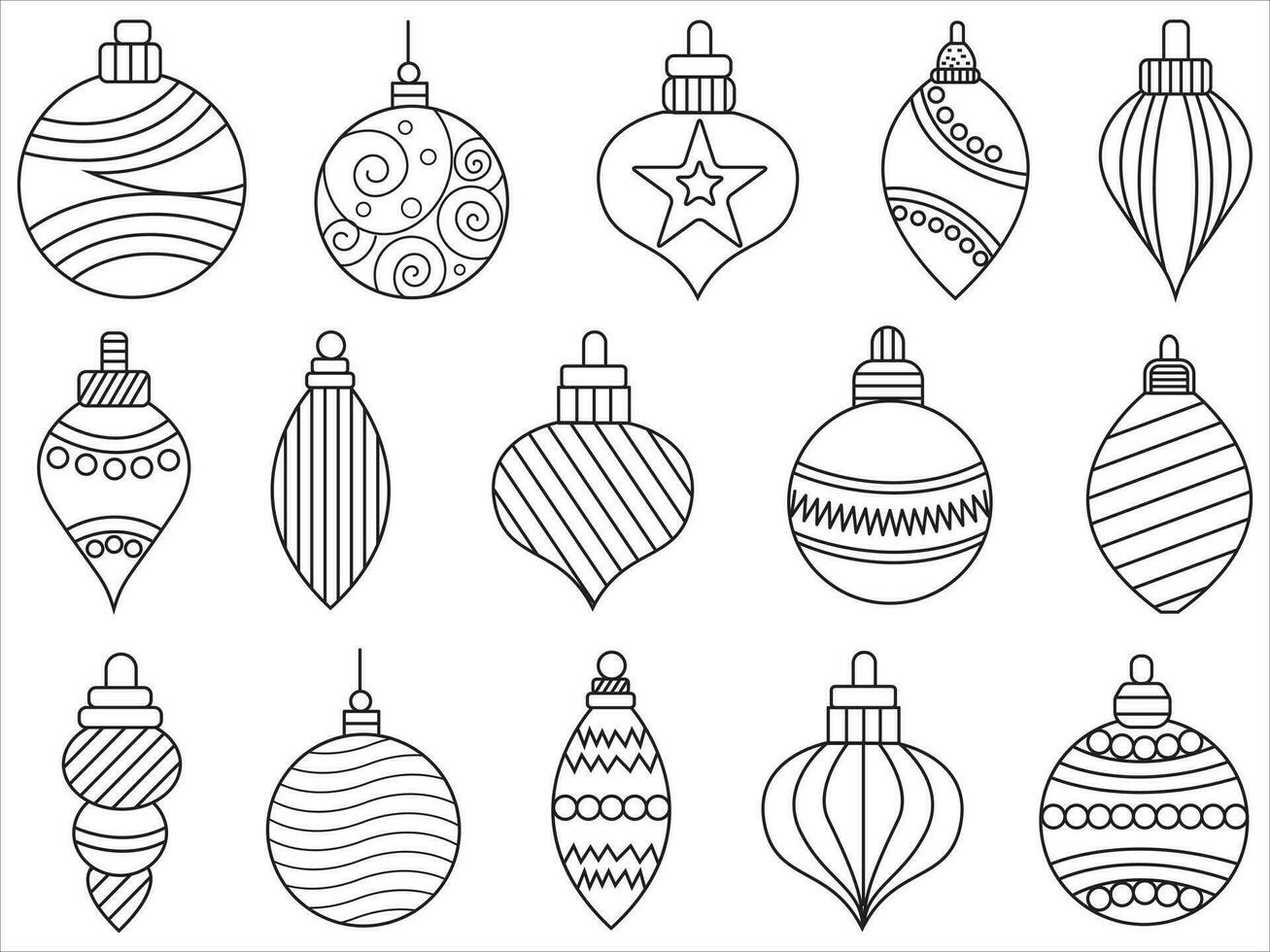 jul ornament uppsättning med bollar, snöflingor, hattar, stjärna, jul träd, orange, strumpa, gåva, dryck och girlanger. vektor ikoner för företag och högtider