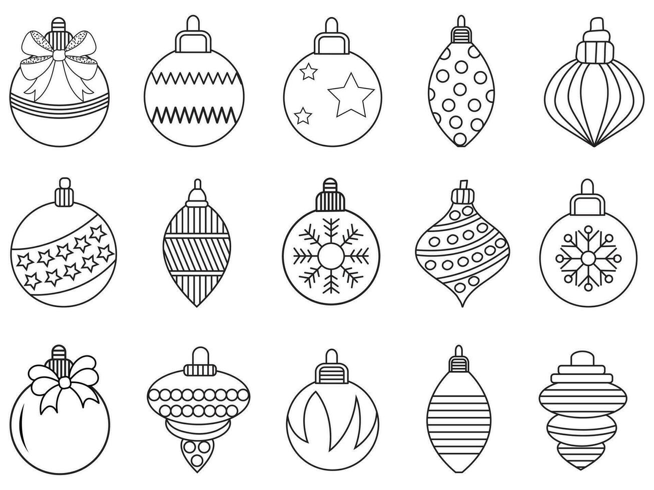 jul ornament uppsättning med bollar, snöflingor, hattar, stjärna, jul träd, orange, strumpa, gåva, dryck och girlanger. vektor ikoner för företag och högtider