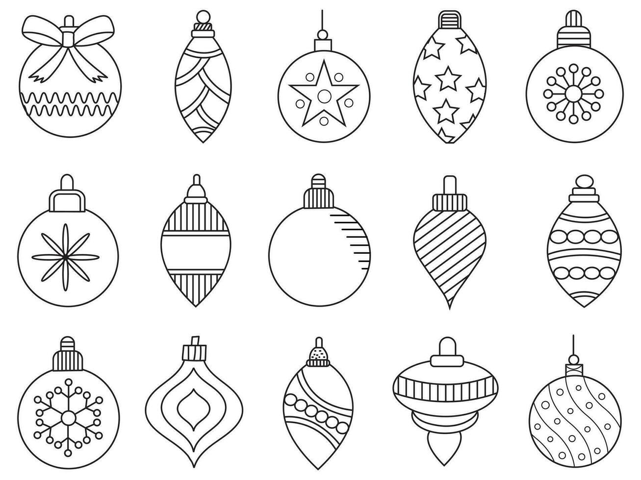 jul ornament uppsättning med bollar, snöflingor, hattar, stjärna, jul träd, orange, strumpa, gåva, dryck och girlanger. vektor ikoner för företag och högtider