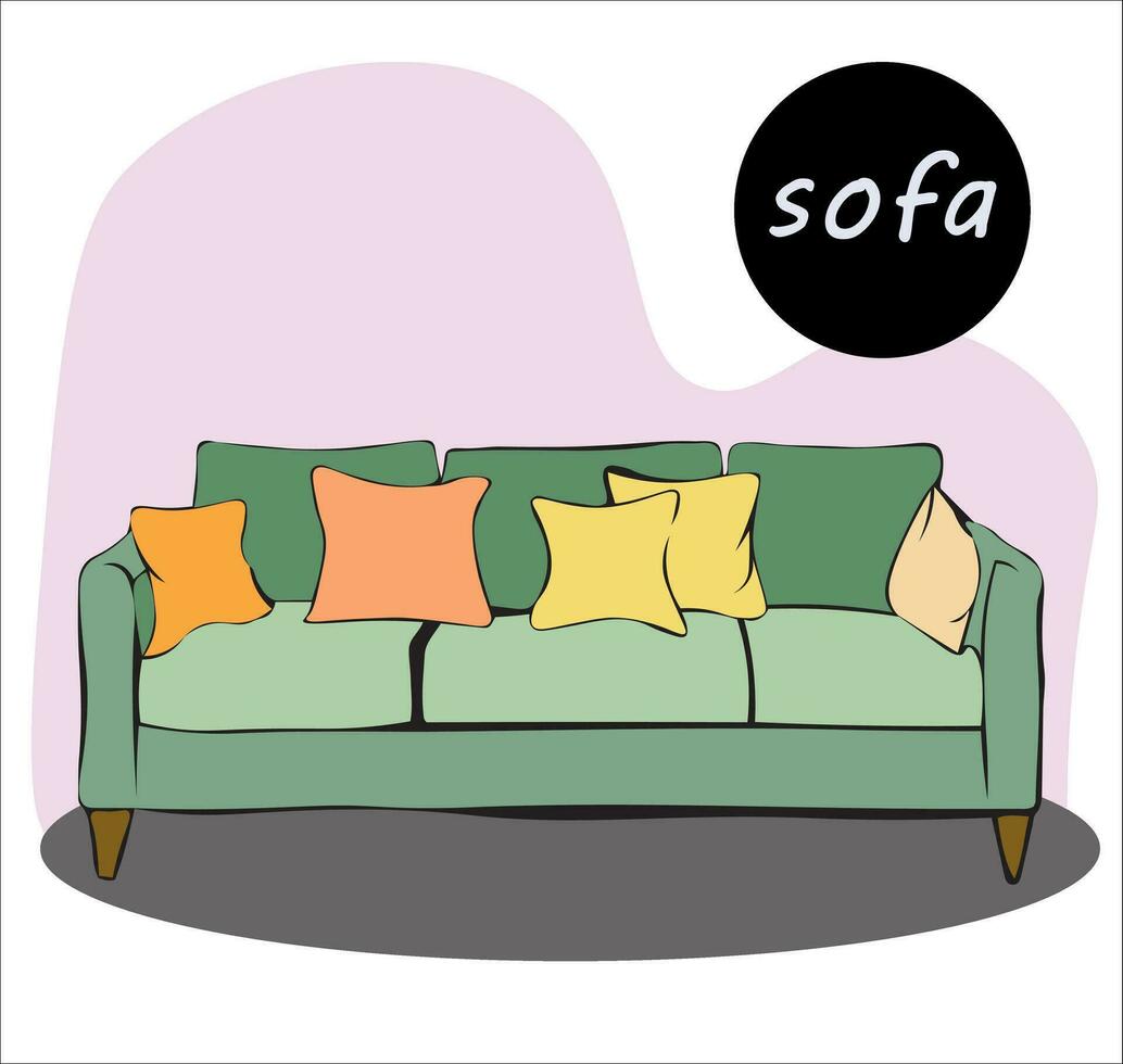 Sanft Sofa mit Armlehnen auf Beine und Kissen zum Entspannung. gepolstert Möbel zum das Innere. vektor
