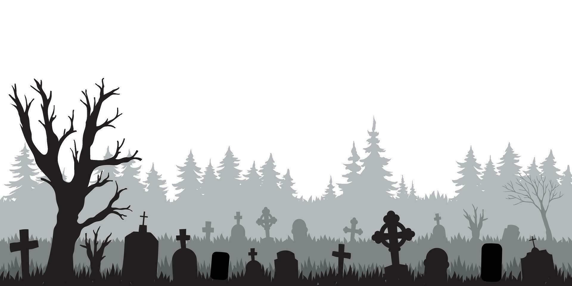 Vektor Illustration von gespenstisch Friedhof Silhouette mit Kopieren Raum Bereich. geeignet zum Hintergrund, Banner, Poster, Halloween Feier, Karte, usw