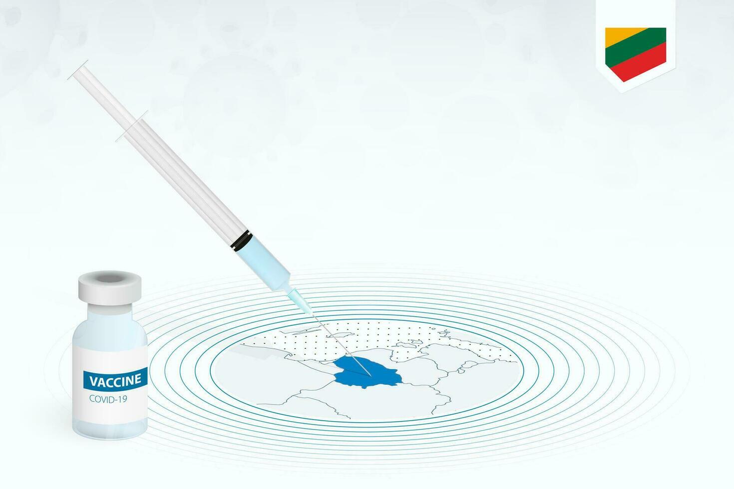 covid-19 Impfung im Litauen, Coronavirus Impfung Illustration mit Impfstoff Flasche und Spritze Injektion im Karte von Litauen. vektor