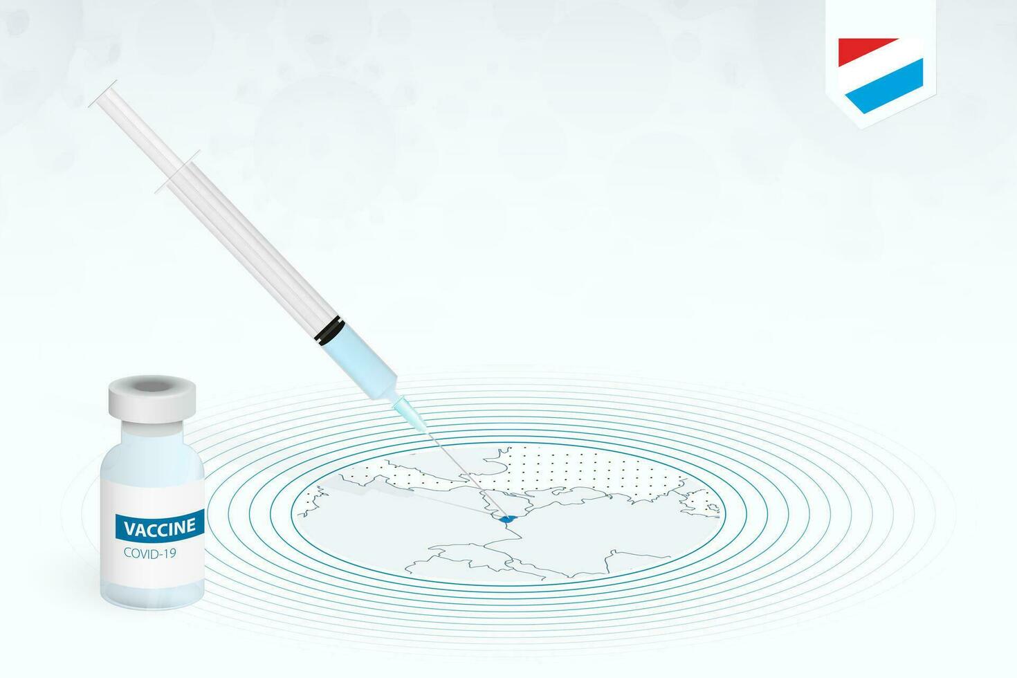 covid-19 vaccination i luxembourg, coronavirus vaccination illustration med vaccin flaska och spruta injektion i Karta av luxembourg. vektor