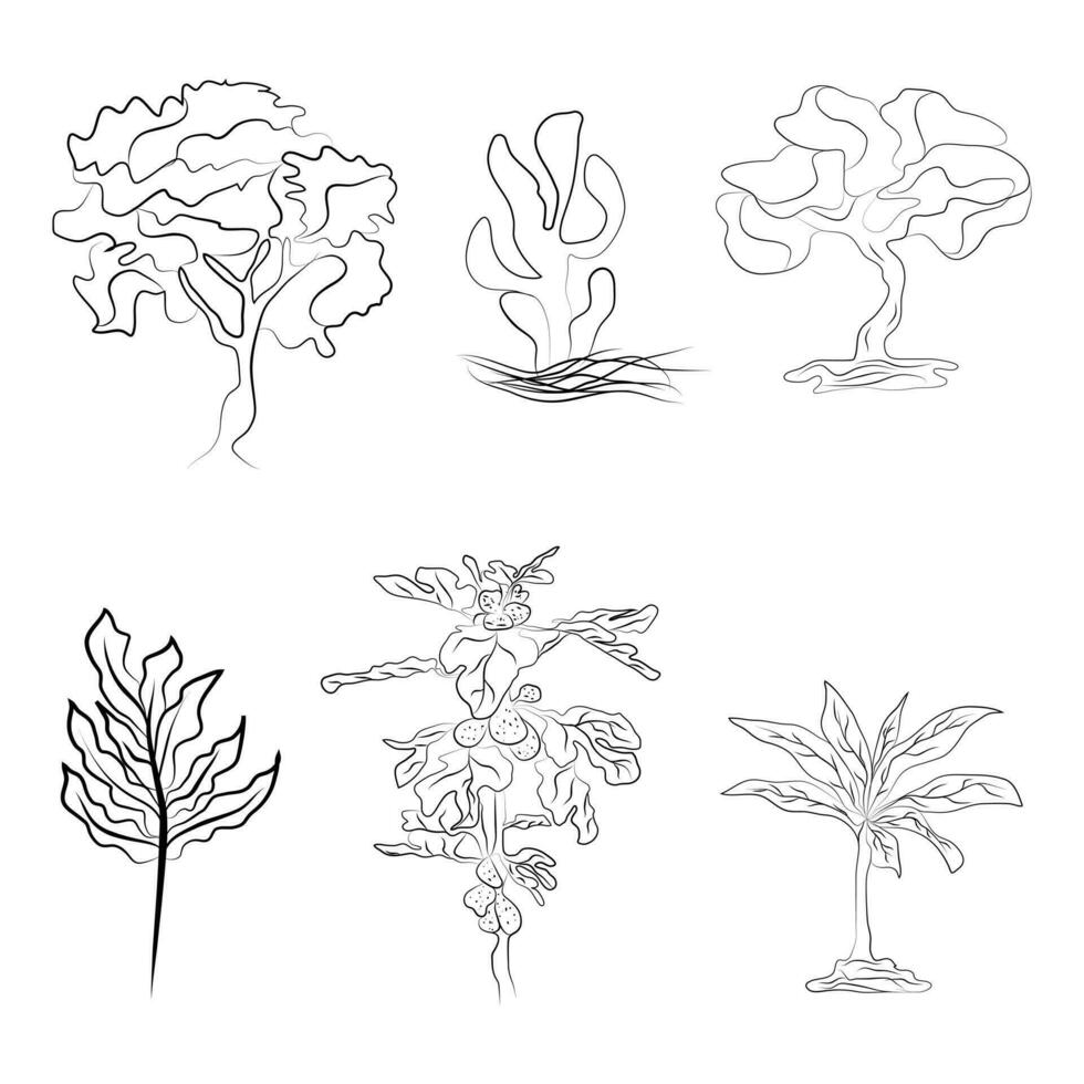 linje konst olika trunkar och lövverk av växter, skog träd. skiss stil, linje hand teckning. träd illustration. linje och silhuett av träd isolerat vektor