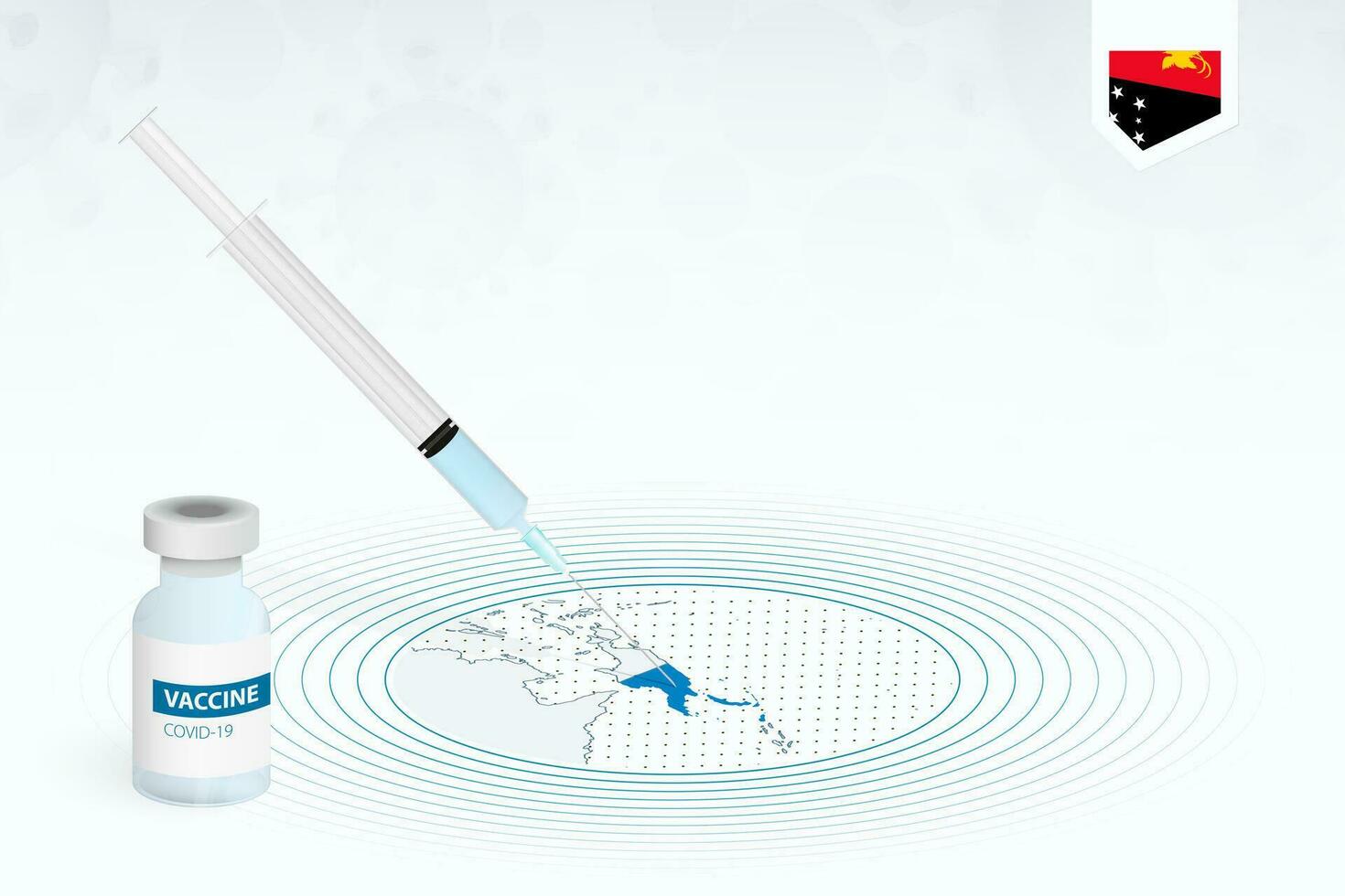 covid-19 Impfung im Papua Neu Guinea, Coronavirus Impfung Illustration mit Impfstoff Flasche und Spritze Injektion im Karte von Papua Neu Guinea. vektor