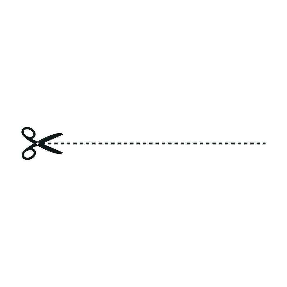 Schnitt Linie Symbol mit Schere, Schnitt Hier Orientierungshilfe, Schere und Bindestrich. Coupon Kennzeichen und Symbol zum Zuschneiden, bedeuten Gutschein. eben Vektor Abbildungen isoliert im Hintergrund.